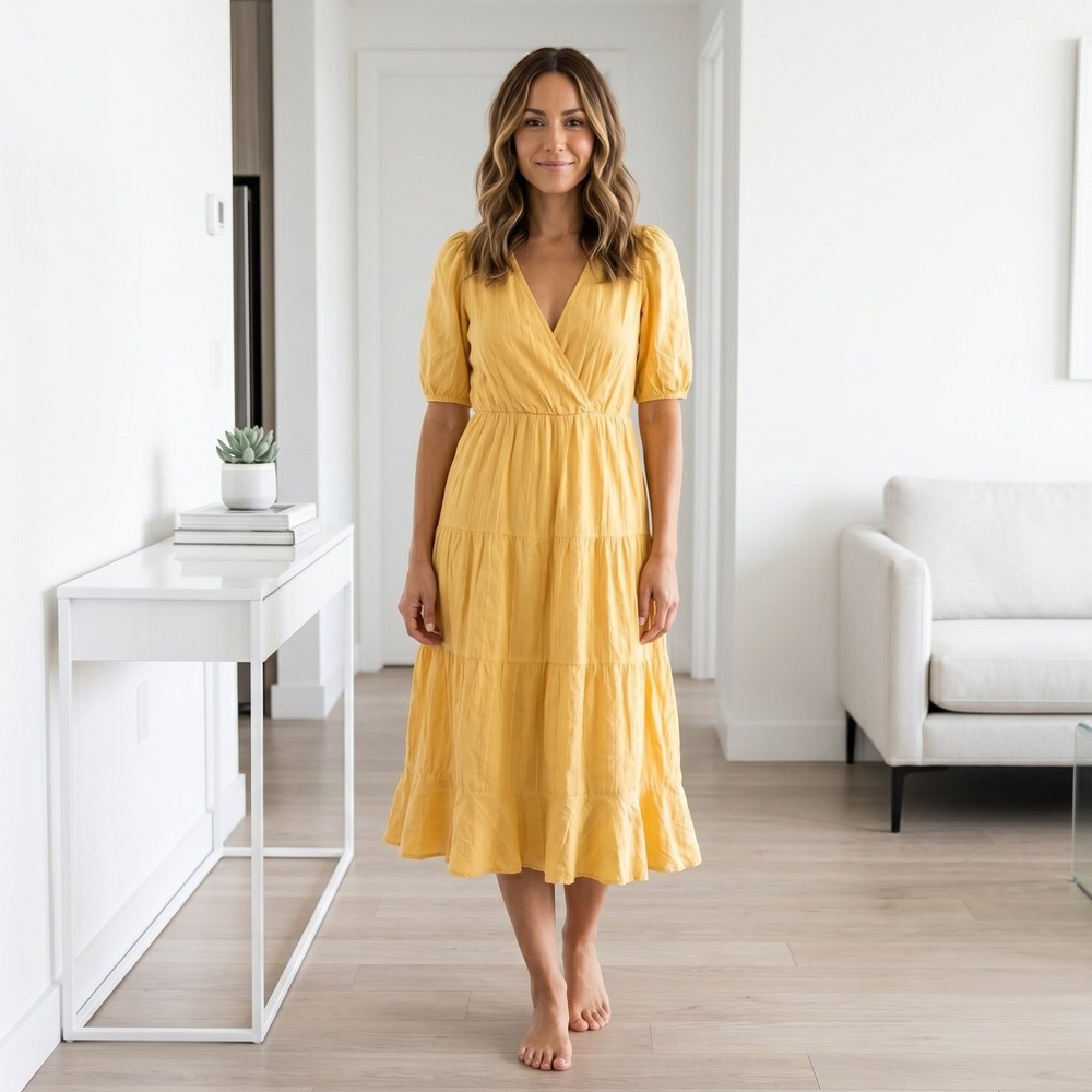Heartloom Tiered Midi Dress Womens Medium Mustard Yellow Puff Sleeve Cottagecore